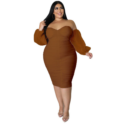 2022 European and American autumn New plus size women's clothing dress Amazon skinny mesh pleated long sleeve plus-size clothes