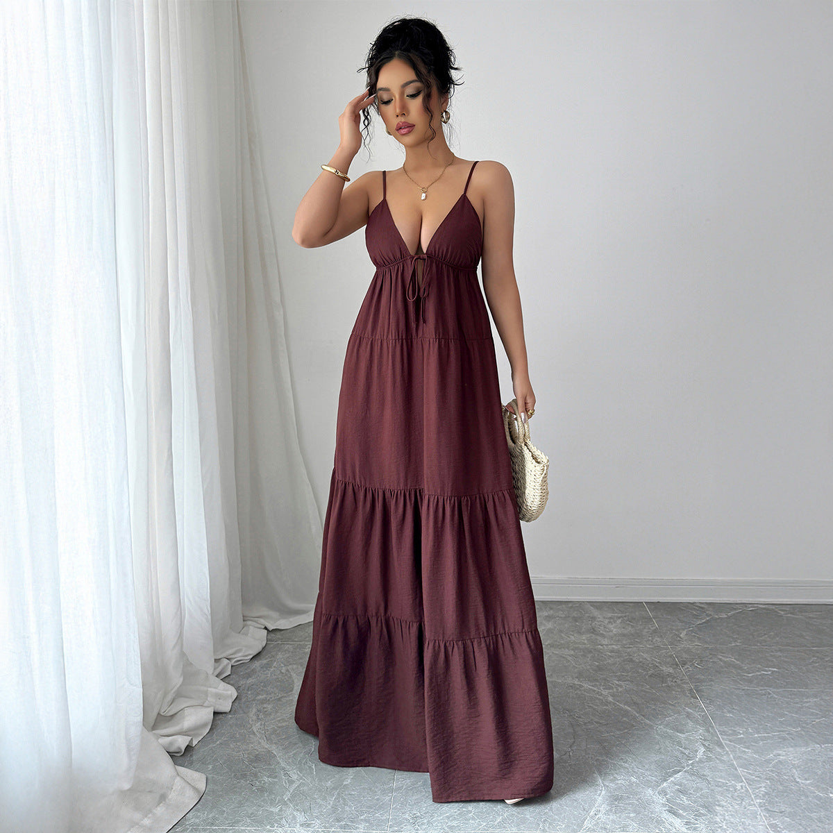 Cross-border European and American elegant sling High sense maxi dress women's clothing 2025 spring and summer Amazon independent station