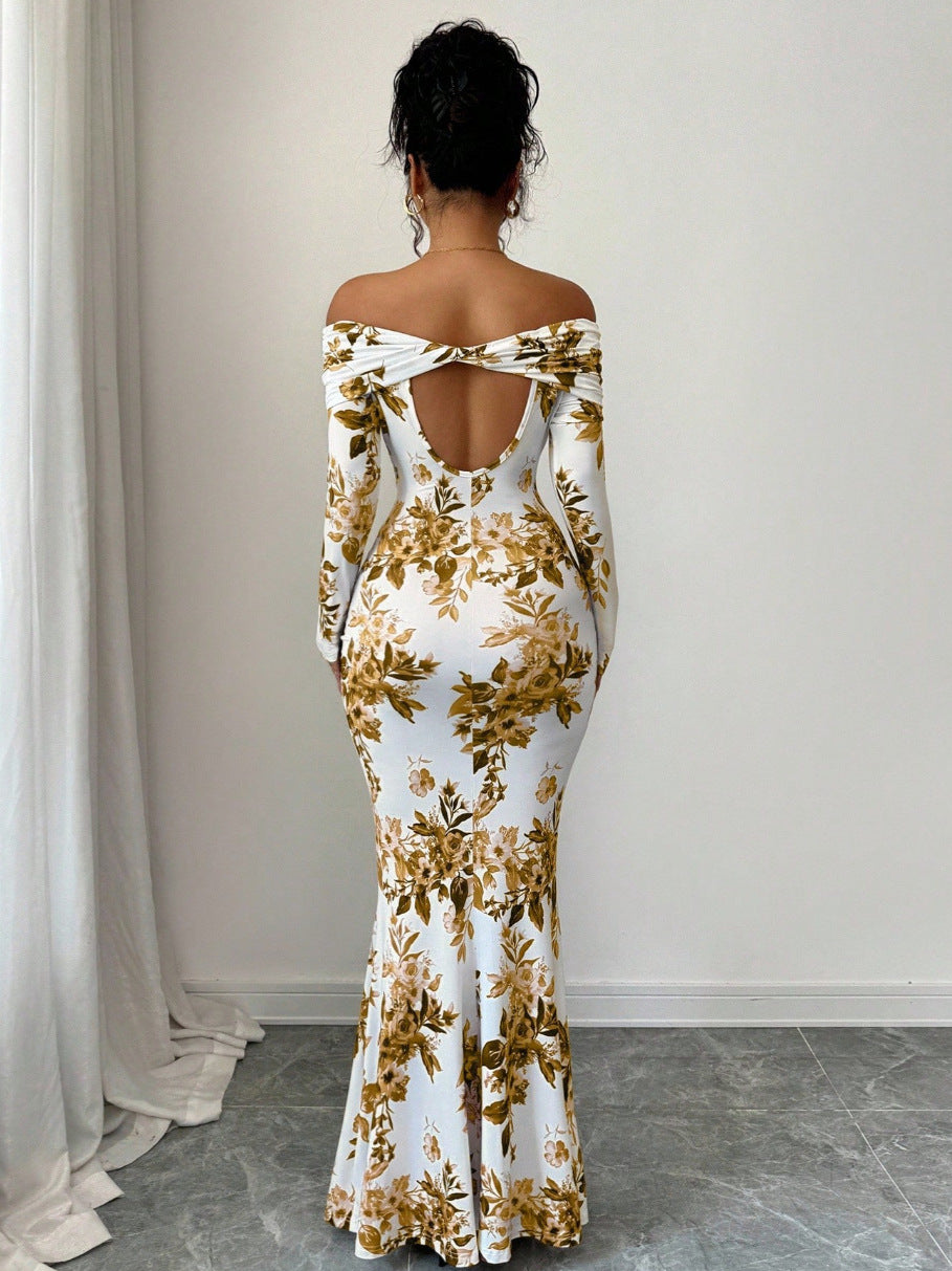 Europe and America cross border hot sale 2026 autumn new printed long dress elegant slim off-shoulder long sleeve dress for women now