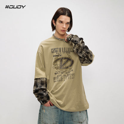 # OVDY autumn and winter new fake two men camouflage stitching Maillard style loose round neck pure cotton tops