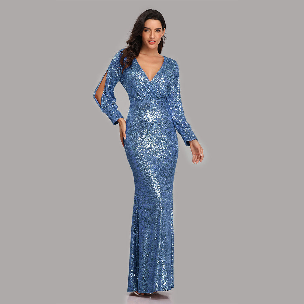 Spring Autumn New Women's Plus Size Long Sleeve V Neck Sequin Mermaid Evening Dress |women's clothing