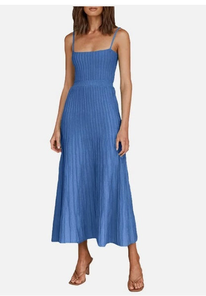2023 Women's new pure color tube-top high waist spaghetti straps sleeveless knitted dress seaside vacation pleated maxi skirt for women