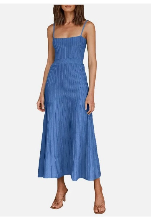2023 Women's new pure color tube-top high waist spaghetti straps sleeveless knitted dress seaside vacation pleated maxi skirt for women