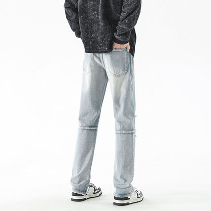 LKTM men's# American ripped retro jeans men's fashion brand High Street washed zipper split long pants