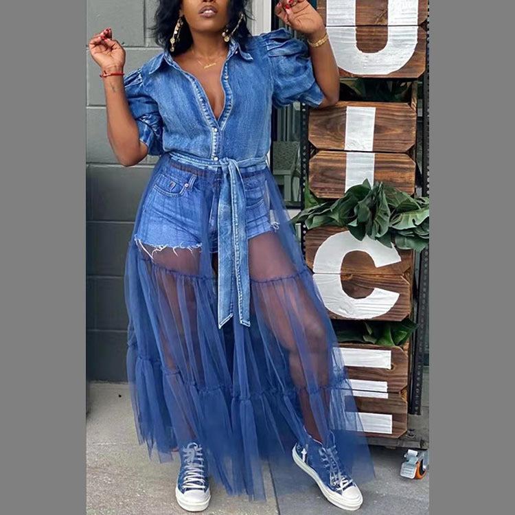 2025 new European and American plus size women's dress cardigan dress temperament commute blue Denim stitching mesh skirt