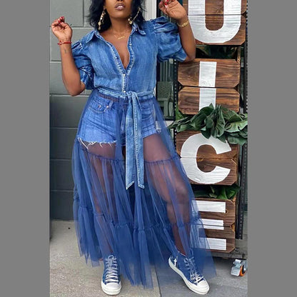 2025 new European and American plus size women's dress cardigan dress temperament commute blue Denim stitching mesh skirt