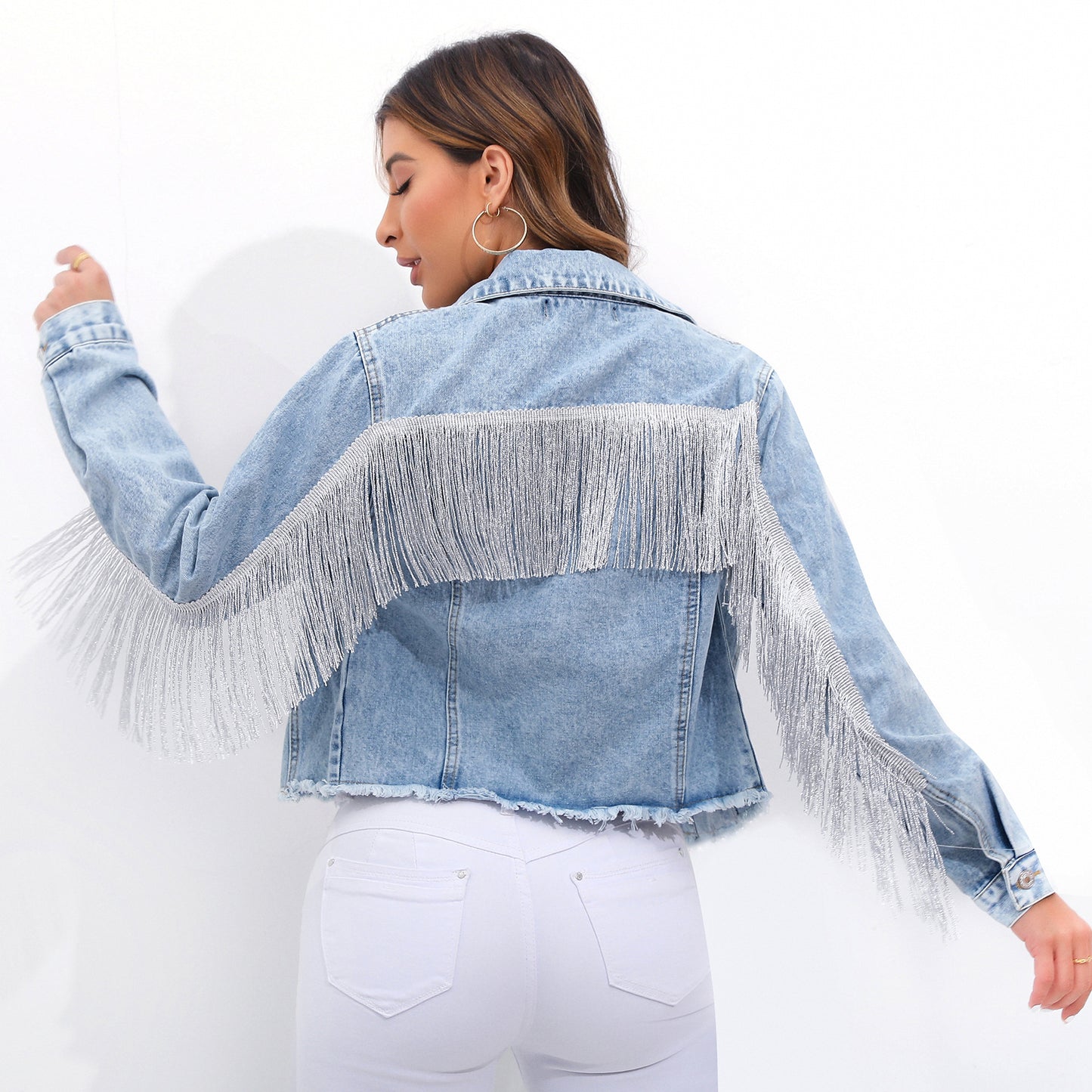 S177# plus size Denim coat women's jacket new products in stock AliExpress Amazon I tassel patchwork denim jacket Denim coat
