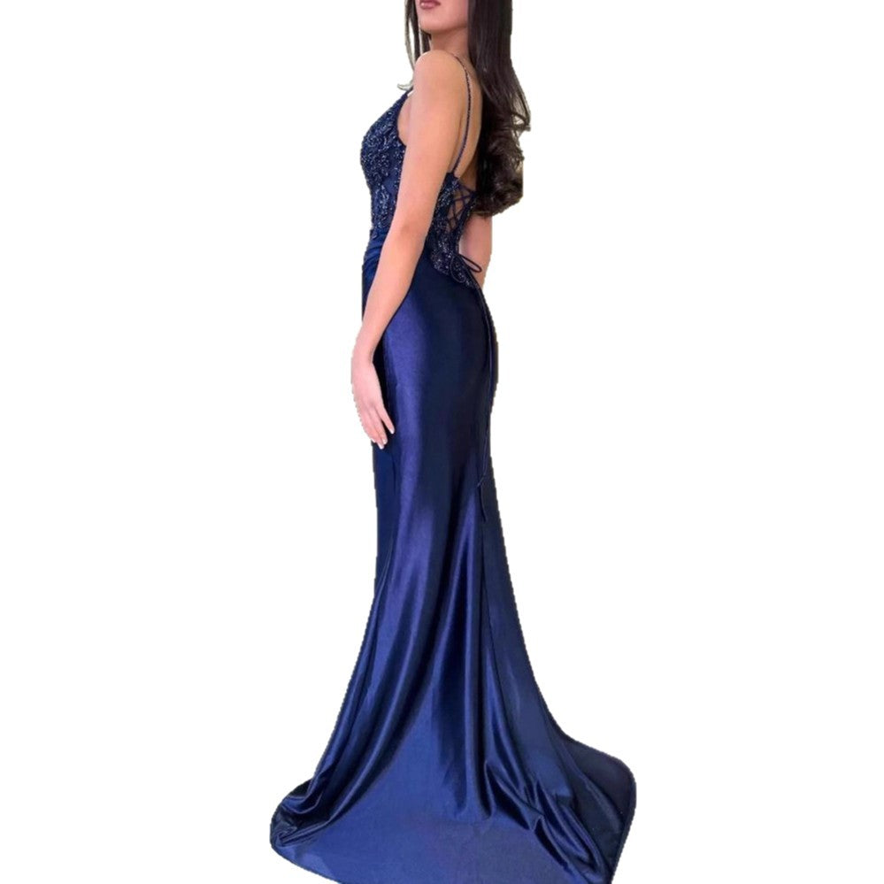 Dark blue camisole evening dress cross-border AliExpress slim fishtail figure flattering side slit high-end and fashionable party maxi dress