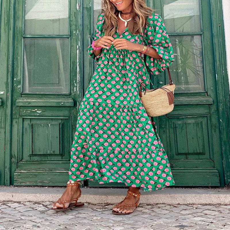 Spring and Autumn European and American new geometric collage puff sleeve dress female street fried street plus size women's dress