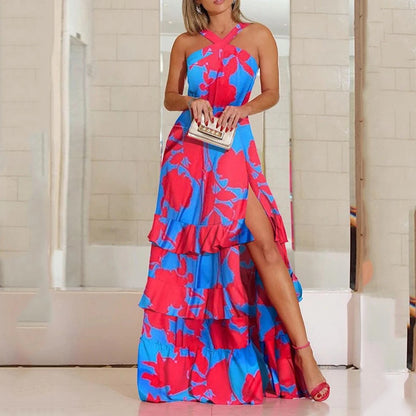 2025 European and American summer new sling dress bohemian dress Amazon printed V-neck sleeveless dress