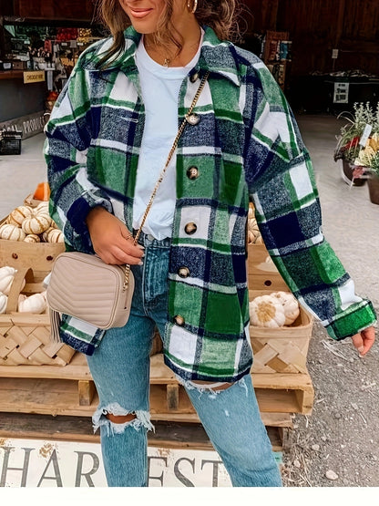 European and American new women's long sleeve plaid collar shirt jacket for autumn and winter|tops