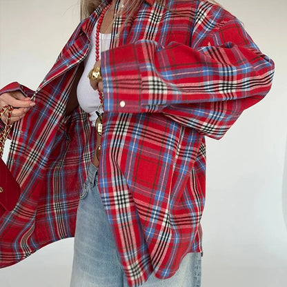 European and American 2024 autumn Amazon cross-border retro style all-matching lapel loose shirt Plaid long sleeve women's shirt