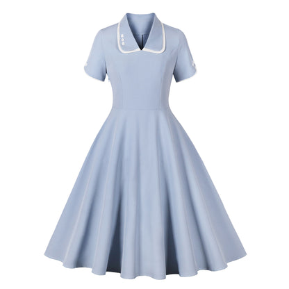 Amazon Europe and America cross border short sleeve V-neck buttons retro 50s Hepburn dress 8739