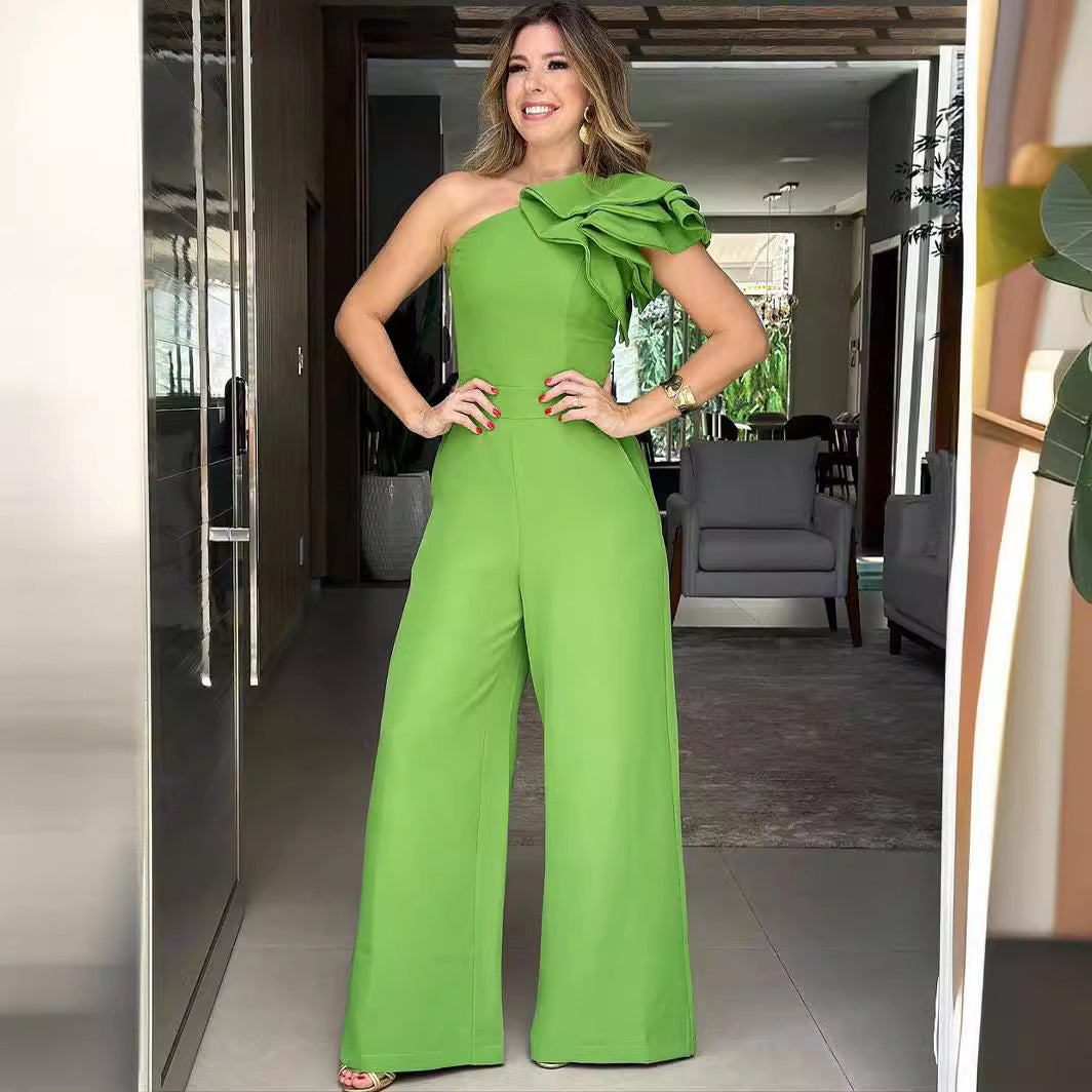 10400 cross-border Amazon European and American fashion women's wear jumpsuit oblique shoulder ruffles design high waist jumpsuit