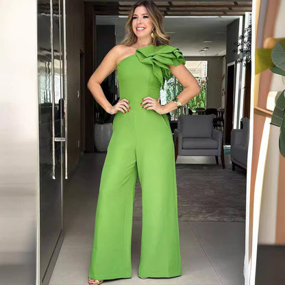 10400 cross-border Amazon European and American fashion women's wear jumpsuit oblique shoulder ruffles design high waist jumpsuit