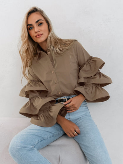 French White Ruffle Blouse Cotton Collar Shirt |tops
