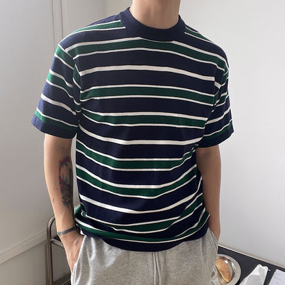 Korean Knit Striped Short Sleeve Men's T-Shirt