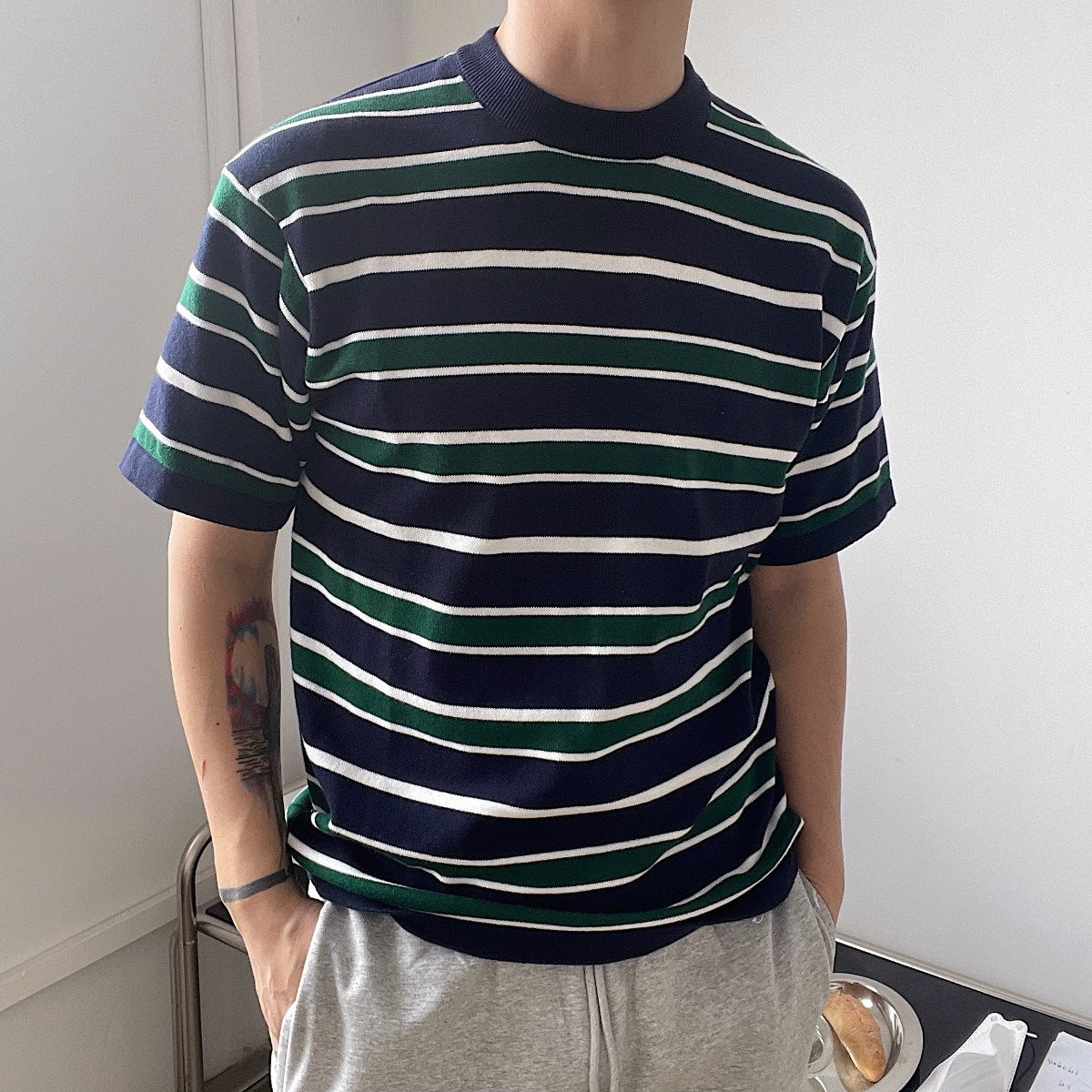 Korean Knit Striped Short Sleeve Men's T-Shirt