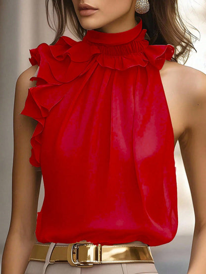 2026 cross-border European and American Amazon fashionable elegant petal collar halter off-shoulder slim sleeveless solid color top for women