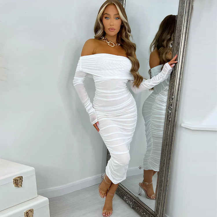 2025 spring new European and American solid color Sexy Slim party long sleeve off-shoulder pleated early spring dress women