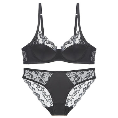 Cross-border sexy underwear women's French thin satin stitching lace underwear big chest small anti-SAG bra suit