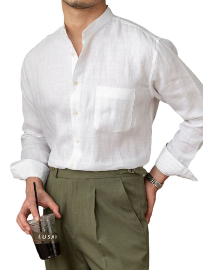 Pure Linen Long-Sleeved Shirt, Versatile Vacation Stand-Up Collar Shirt, Men's Henley Collar Top