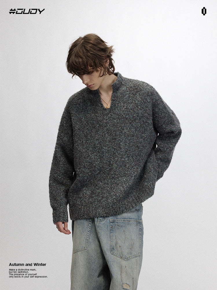 # OVDY autumn and winter knitted sweater idle style new pure color simple American small V-neck loose sweater