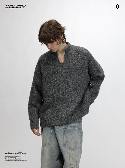 # OVDY autumn and winter knitted sweater idle style new pure color simple American small V-neck loose sweater