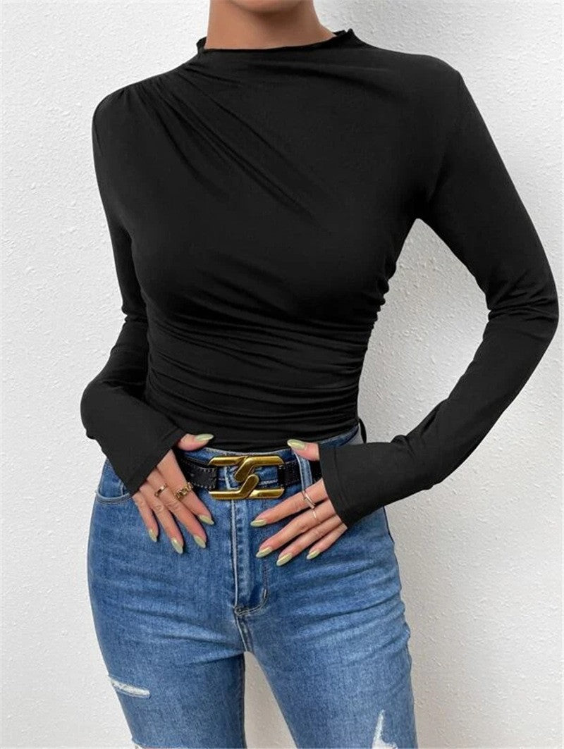 Cross-border 2025 European and American solid color slim bottoming shirt versatile pleated design long sleeve T-shirt women's top