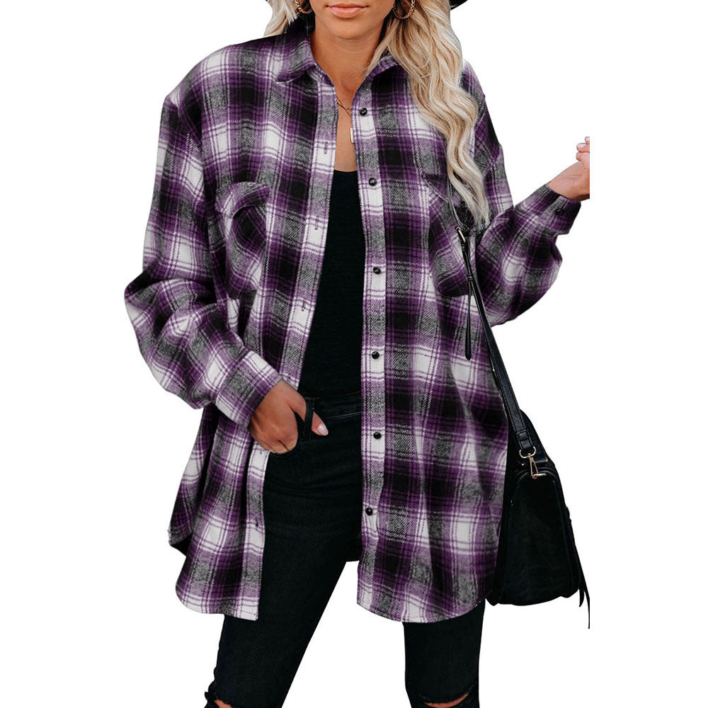 European and American women's clothing autumn and winter New Plaid women's shirt 2025 Amazon mid-length loose lapels cardigan shirt