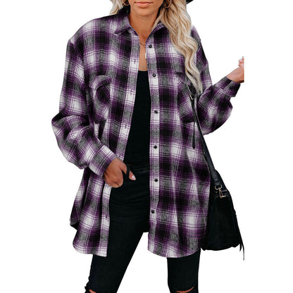 European and American women's clothing autumn and winter New Plaid women's shirt 2025 Amazon mid-length loose lapels cardigan shirt