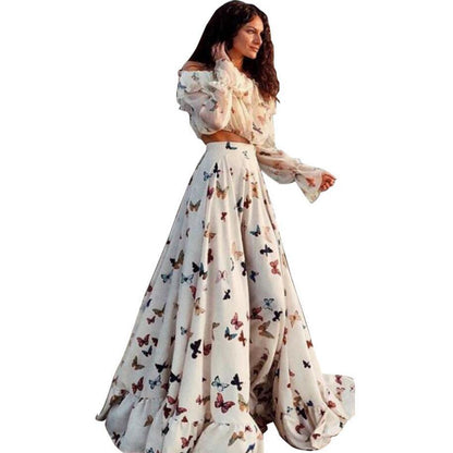 European and American Butterfly Print Bohemian Dress Set