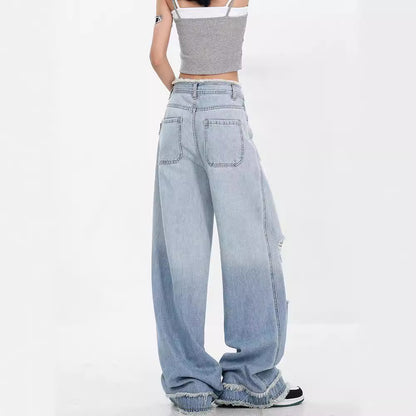 KEN STUDIO summer blue gradient water washed hole jeans women's raw edges design draping mopping pants pants