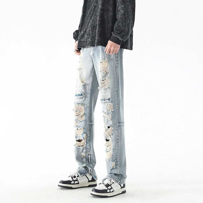 LKTM men's# American ripped retro jeans men's fashion brand High Street washed zipper split long pants