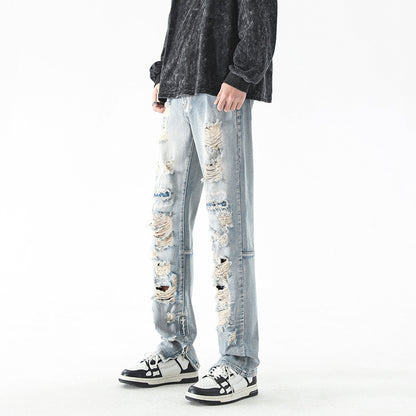 LKTM men's# American ripped retro jeans men's fashion brand High Street washed zipper split long pants