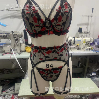 European and American Foreign trade sexy lingerie women's lace embroidery hollow out see-through underwear set wholesale cute girl type