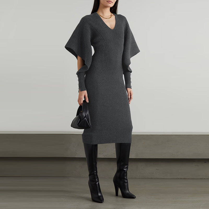 European and American simple personalized 2025 Autumn New irregular sleeve design waist trimming knitted dress women