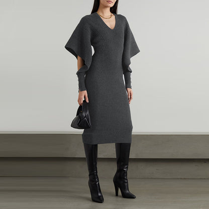 European and American simple personalized 2025 Autumn New irregular sleeve design waist trimming knitted dress women