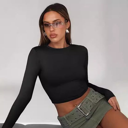 European and American style women long sleeves cropped T-shirt autumn top fashion basic slim hot girl shirt milk Silk women's clothing