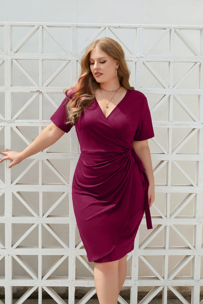 Cross-border plus size women's clothing plus size solid color casual holiday dress bandage vacation V-neck mid-length dress