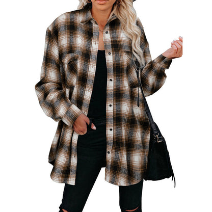 European and American women's clothing autumn and winter New Plaid women's shirt 2025 Amazon mid-length loose lapels cardigan shirt
