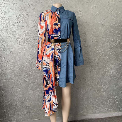 Supply Denim chiffon stitching unique cutting fashion loose shirt dress European and American Africa plus size special offer