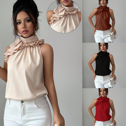 2026 cross-border European and American Amazon fashionable elegant petal collar halter off-shoulder slim sleeveless solid color top for women