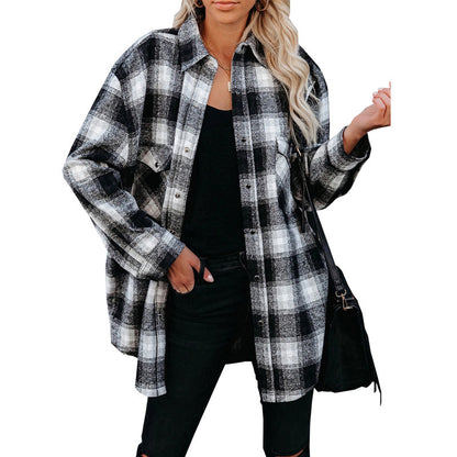 European and American women's clothing autumn and winter New Plaid women's shirt 2025 Amazon mid-length loose lapels cardigan shirt