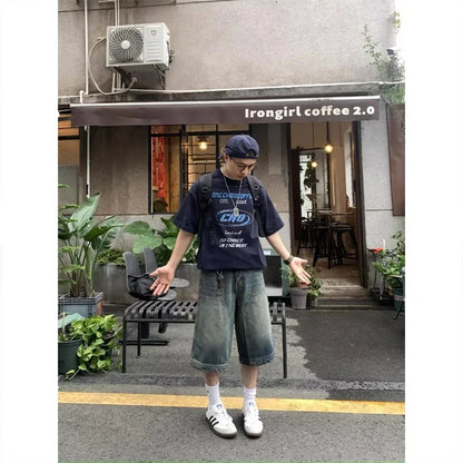 American retro Street washed Denim shorts men and women loose casual straight-leg wide leg fashion brand all-matching capri pants