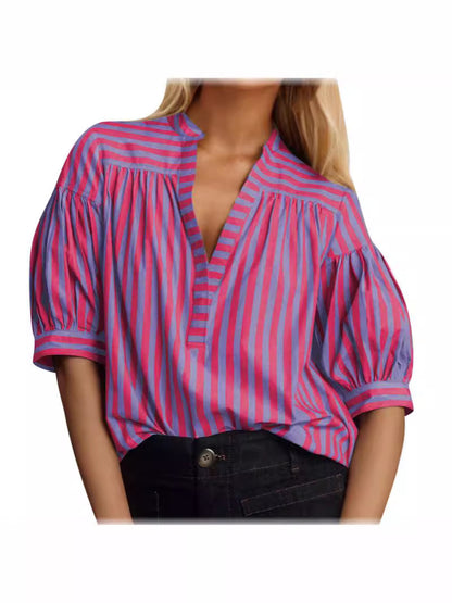 European and American Women's Casual Shirt New Style Striped V-Neck Top |tops