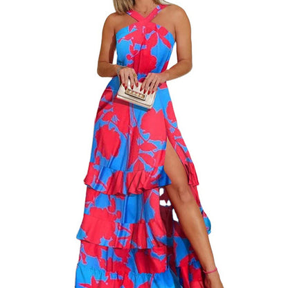 2025 European and American summer new sling dress bohemian dress Amazon printed V-neck sleeveless dress