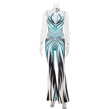 Trendy Contrast Striped Hollow Halter Jumpsuit