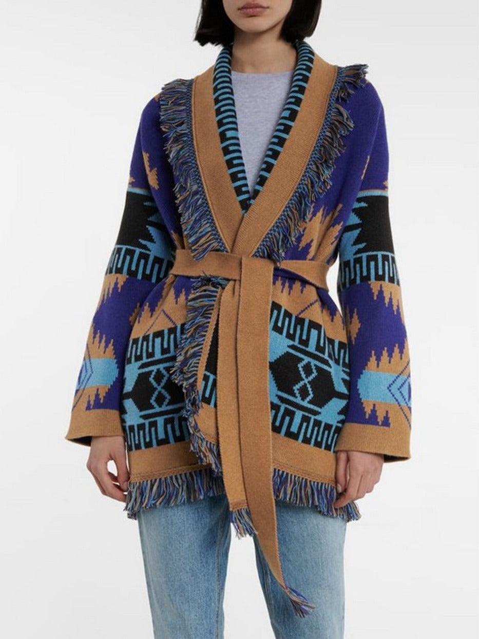 Gebreide vest met print franjes ceintuur en lange mouwen van wolmix
