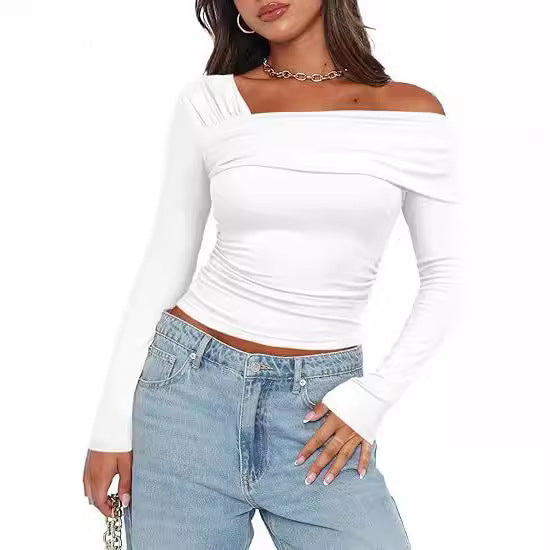 Amazon hot selling product 2025 spring and autumn Women's One shoulder long-sleeved shirt pleated going out tops slim y2g shirt